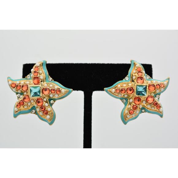 KJL Vintage Starfish Earrings Cabochon Crystal Blue Coral Gold Post Signed BinAZ